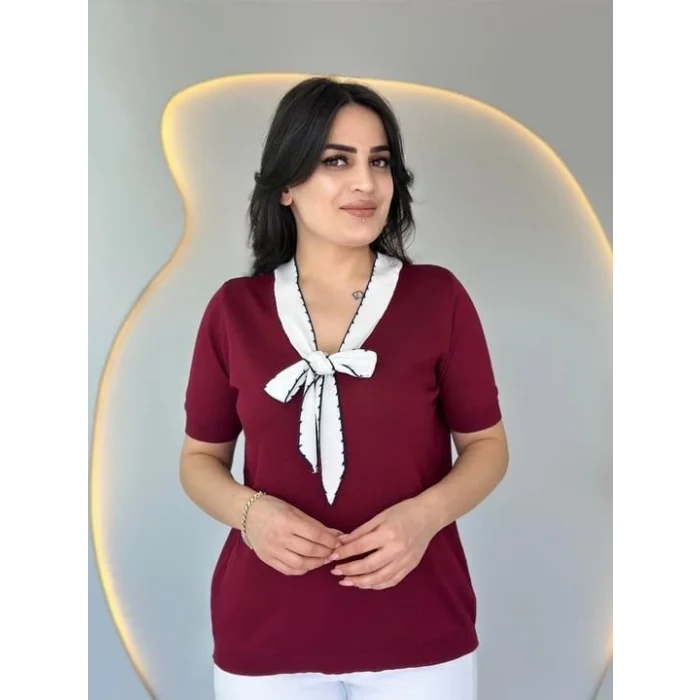 Kadın Kısa Kollu V Yaka Fular Detay Merserize Triko Bbluz