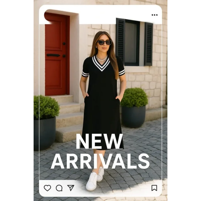 Kadın Kısa Kollu V Yaka Kol Ve Yaka Ribana Detay Midi Boy Viskon Elbise