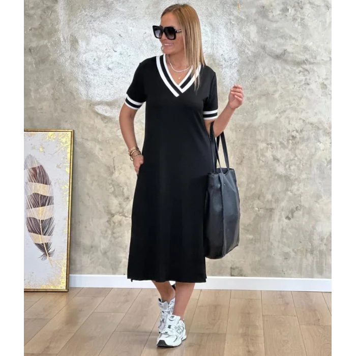 Kadın Kısa Kollu V Yaka Kol Ve Yaka Ribana Detay Midi Boy Viskon Elbise