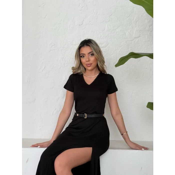 Kadın Kısa Kollu V Yaka Maxi Boy Elbise 124 Cm