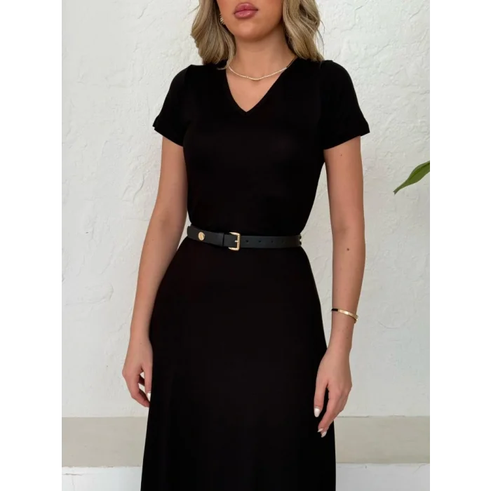 Kadın Kısa Kollu V Yaka Maxi Boy Elbise 124 Cm