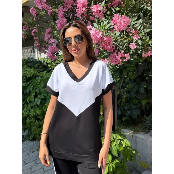 Kadın Kısa Kollu V Yaka Siyah Beyaz Renkli Viskon Iki Iplik Kumaş Eşofman Takımı