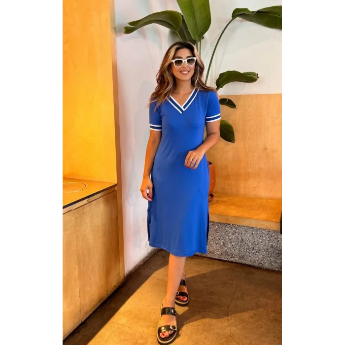 Kadın Kısa Kollu V Yaka Ve Yaka Ribana Detay Midiboy Viskon Elbise
