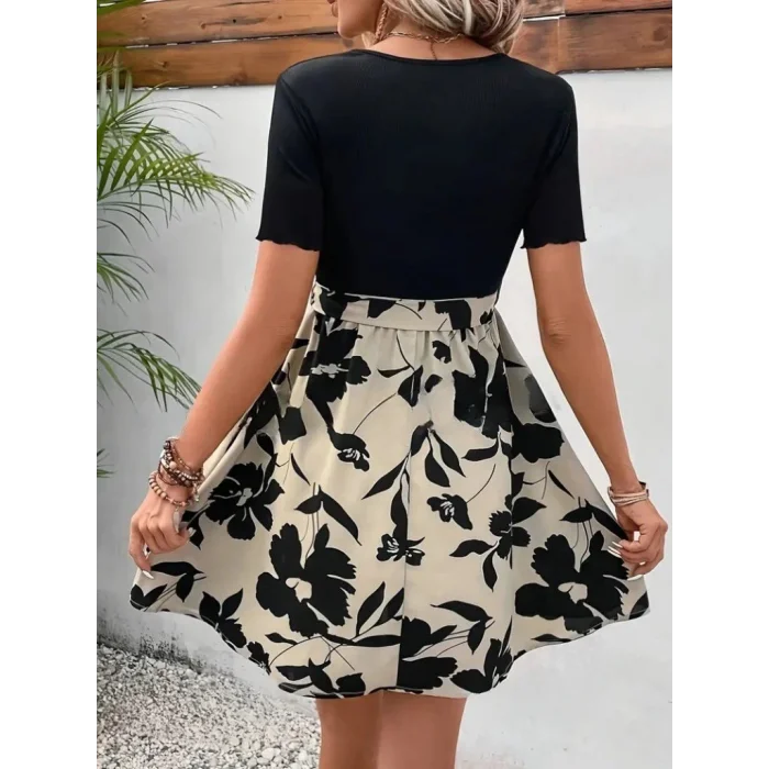 Kadın Kısa Kollu V Yakalı Belden Kuşaklı çiçek Desenli üst Viskon Alt Süprem Elbise