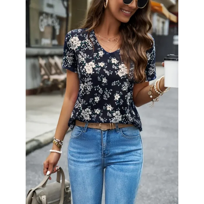Kadın Kısa Kollu V Yakalı çiçek Baskılı Süprem Bluz