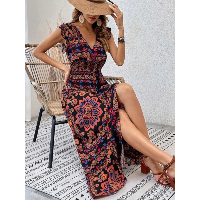 Kadın Kısa Kollu V Yakalı Deseni Yırtmaçlı Süprem Elbise