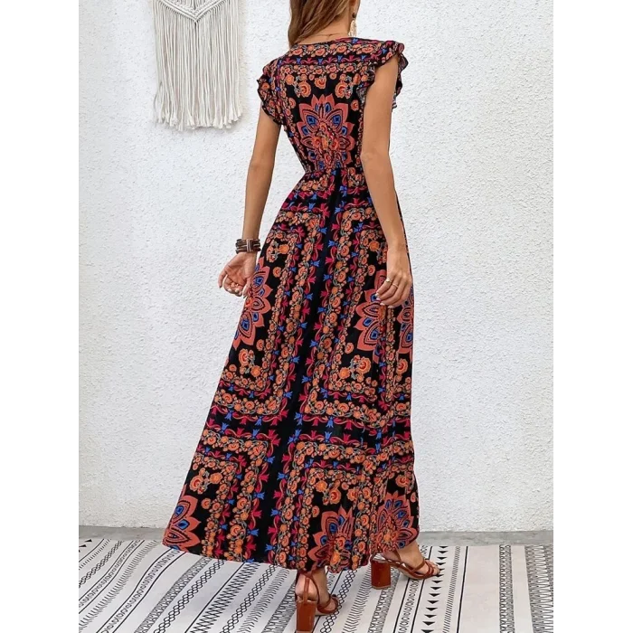 Kadın Kısa Kollu V Yakalı Deseni Yırtmaçlı Süprem Elbise