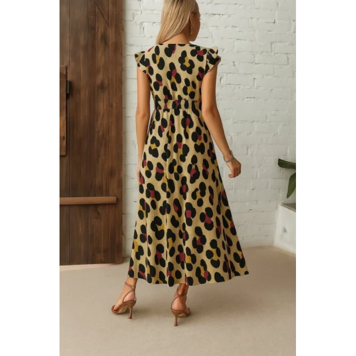 Kadın Kısa Kollu V Yakalı Desenli Yandan Yırtmaçlı Süprem Elbise