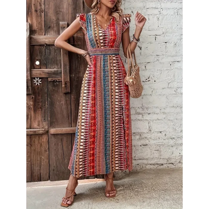 Kadın Kısa Kollu V Yakalı Desenli Yandan Yırtmaçlı Süprem Elbise