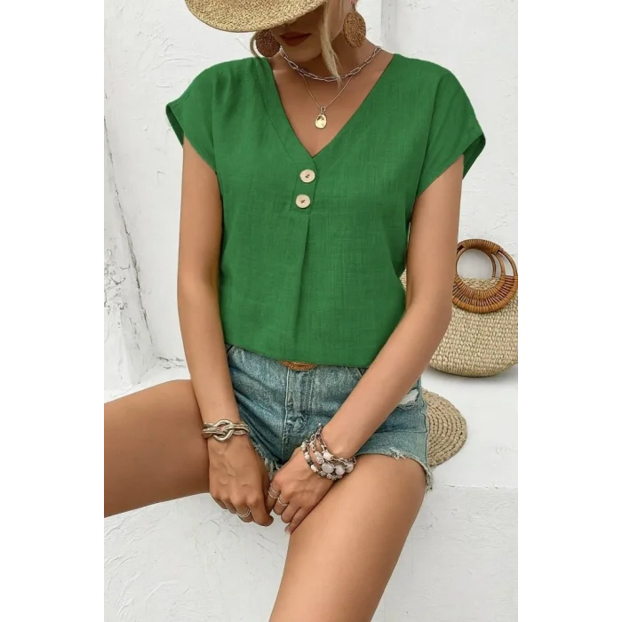 Kadın Kısa Kollu V Yakalı Düğmeli Keten Bluz