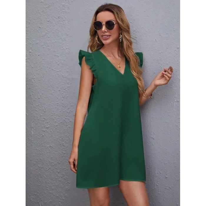 Kadın Kısa Kollu V Yakalı Ithal Krep Elbise