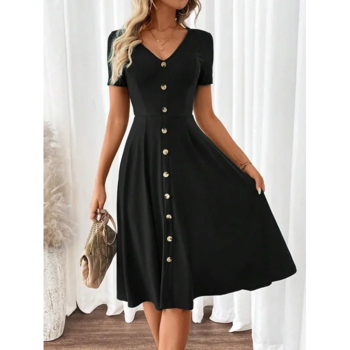 Kadın Kısa Kollu V Yakalı önden Düğmeli A Kesim Dokuma Elbise
