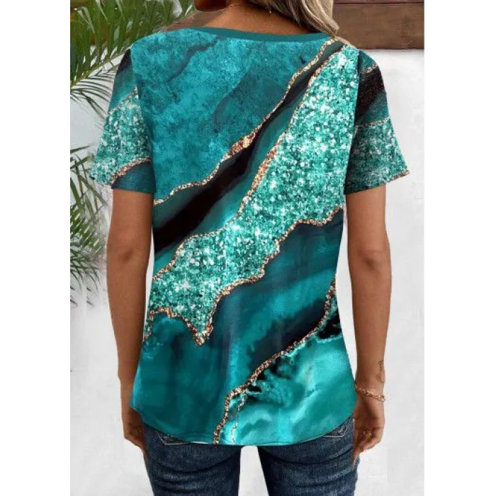 Kadın Kısa Kollu V Yakalı önden Düğmeli Baskılı Süprem Bluz