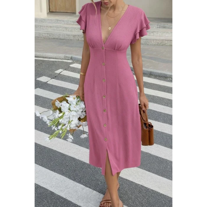 Kadın Kısa Kollu V Yakalı önden Düğmeli Bürümcük Midi Elbise