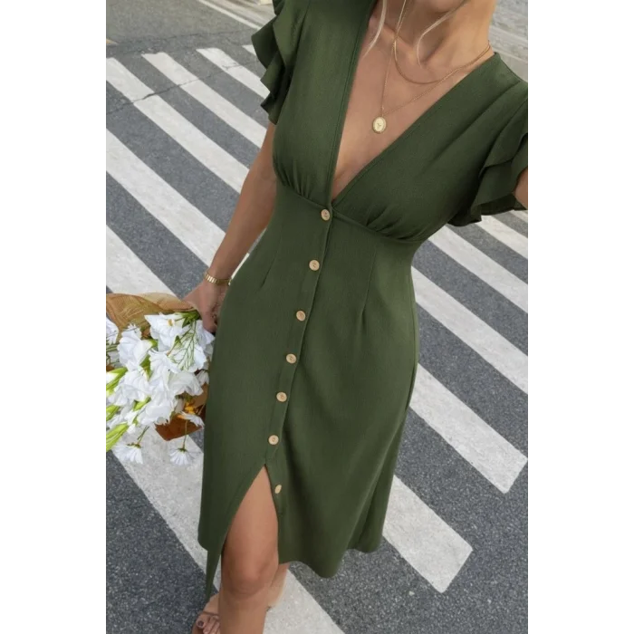 Kadın Kısa Kollu V Yakalı önden Düğmeli Bürümcük Midi Elbise