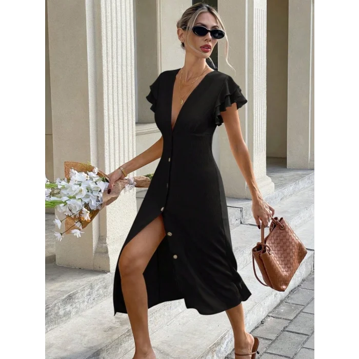 Kadın Kısa Kollu V Yakalı önden Düğmeli Bürümcük Midi Elbise
