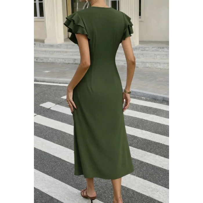 Kadın Kısa Kollu V Yakalı önden Düğmeli Bürümcük Midi Elbise