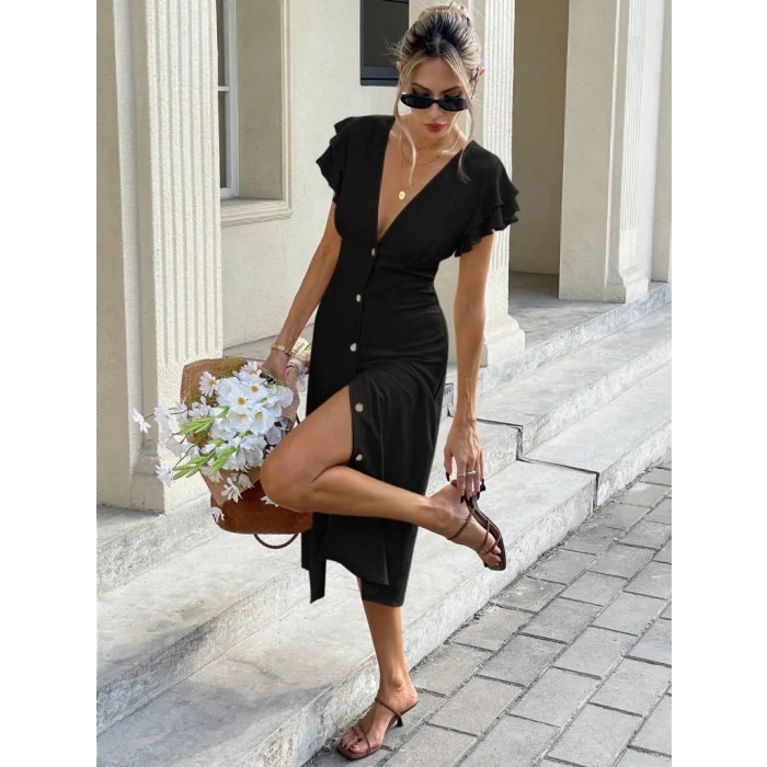 Kadın Kısa Kollu V Yakalı önden Düğmeli Bürümcük Midi Elbise