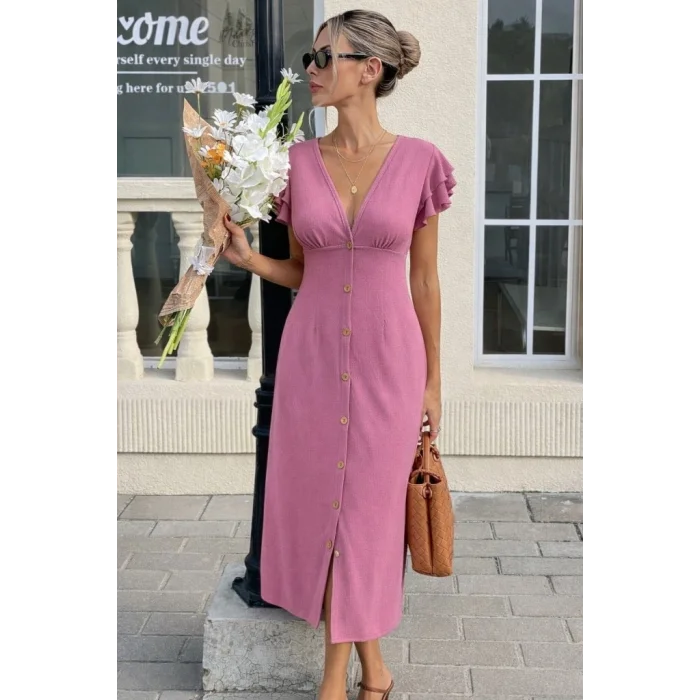 Kadın Kısa Kollu V Yakalı önden Düğmeli Bürümcük Midi Elbise