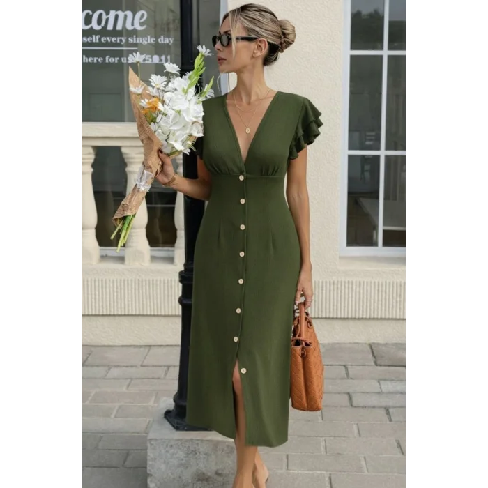 Kadın Kısa Kollu V Yakalı önden Düğmeli Bürümcük Midi Elbise