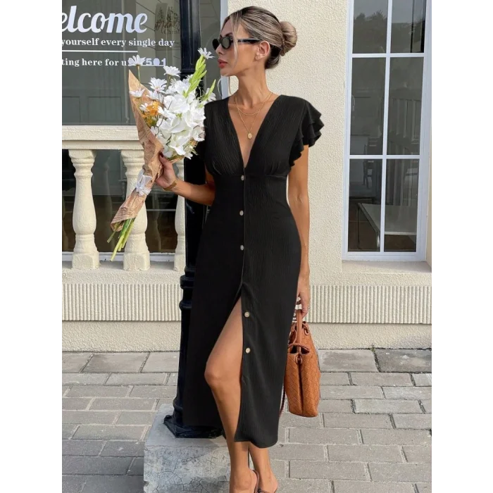Kadın Kısa Kollu V Yakalı önden Düğmeli Bürümcük Midi Elbise