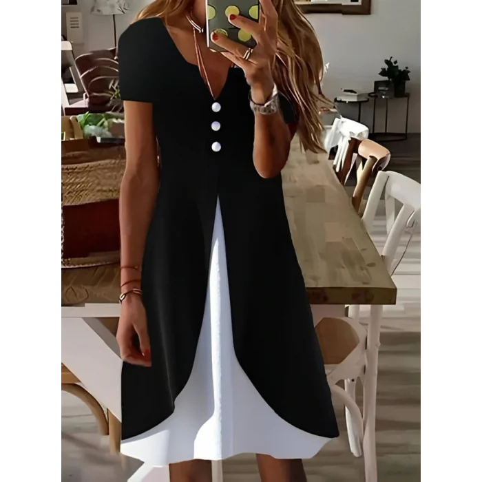 Kadın Kısa Kollu V Yakalı önden Düğmeli çift Renkli Viskon Elbise