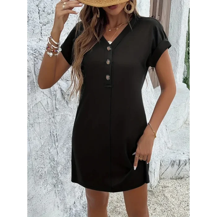 Kadın Kısa Kollu V Yakalı önden Düğmeli Viskon Iki Iplik Elbise