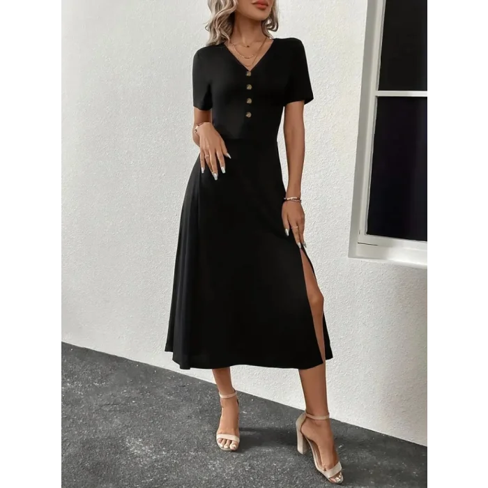Kadın Kısa Kollu V Yakalı önden Düğmeli Yırtmaçlı Midi Viskon Elbise