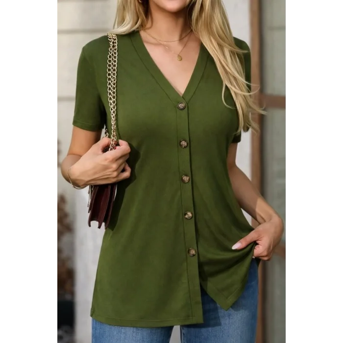 Kadın Kısa Kollu V Yakalı önü Düğmeli Viskon Bluz