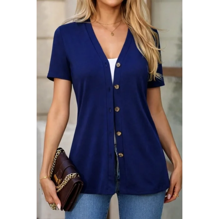 Kadın Kısa Kollu V Yakalı önü Düğmeli Viskon Bluz