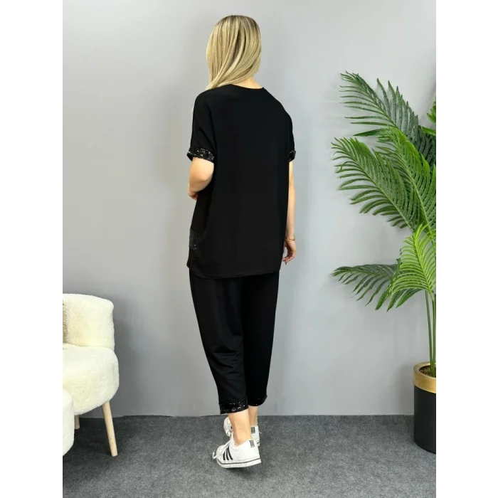 Kadın Kısa Kollu V Yakalı Pul Payetli Viskon Iki Iplik Bluz Ve Pantolon Ikili Takım