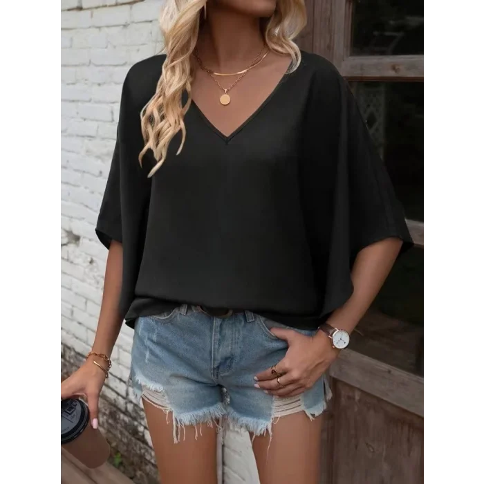 Kadın Kısa Kollu V Yakalı Salaş Viskon Bluz