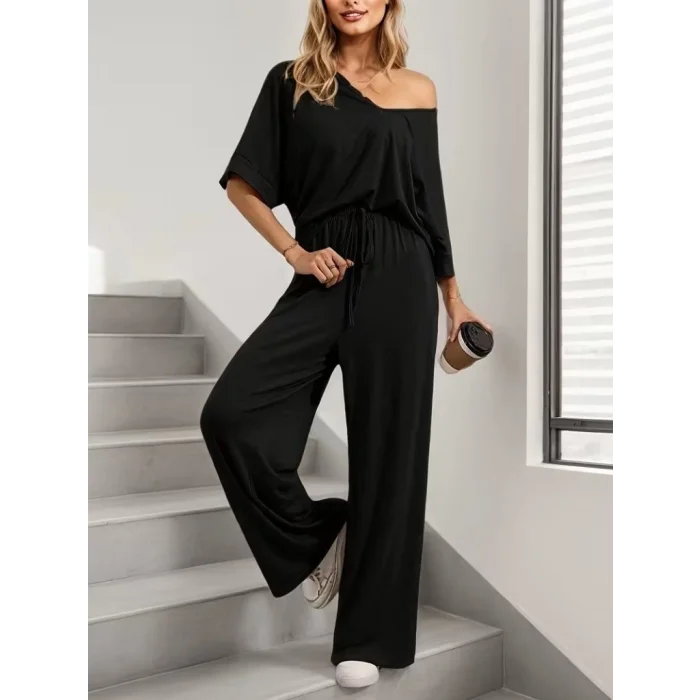 Kadın Kısa Kollu V Yakalı Viskon Bluz Ve Pantolon Ikili Takım