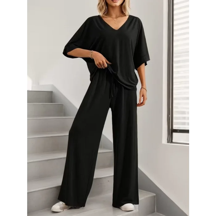 Kadın Kısa Kollu V Yakalı Viskon Bluz Ve Pantolon Ikili Takım