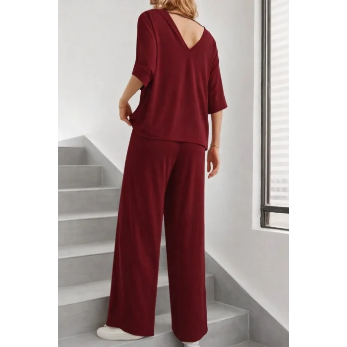 Kadın Kısa Kollu V Yakalı Viskon Bluz Ve Pantolon Ikili Takım