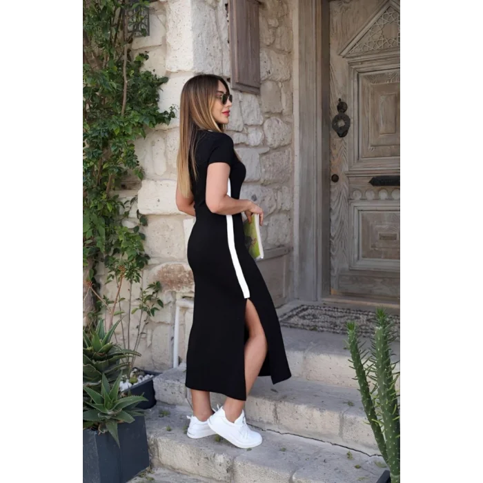 Kadın Kısa Kollu V Yakalı Yandan şerit Ve Yırtmaçlı Viskon Uzun Elbise