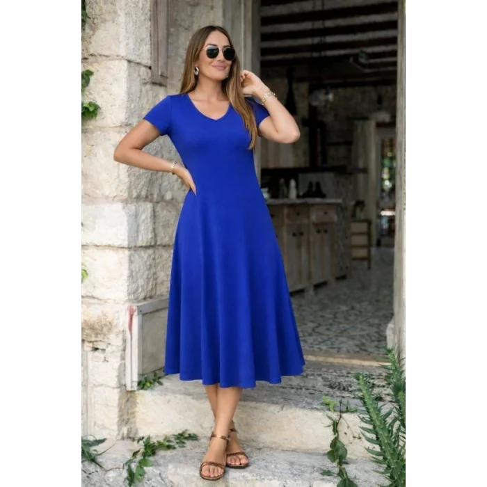 Kadın Kısa Kollu V Yakalı Yırtmaçlı Midi Viskon Elbise