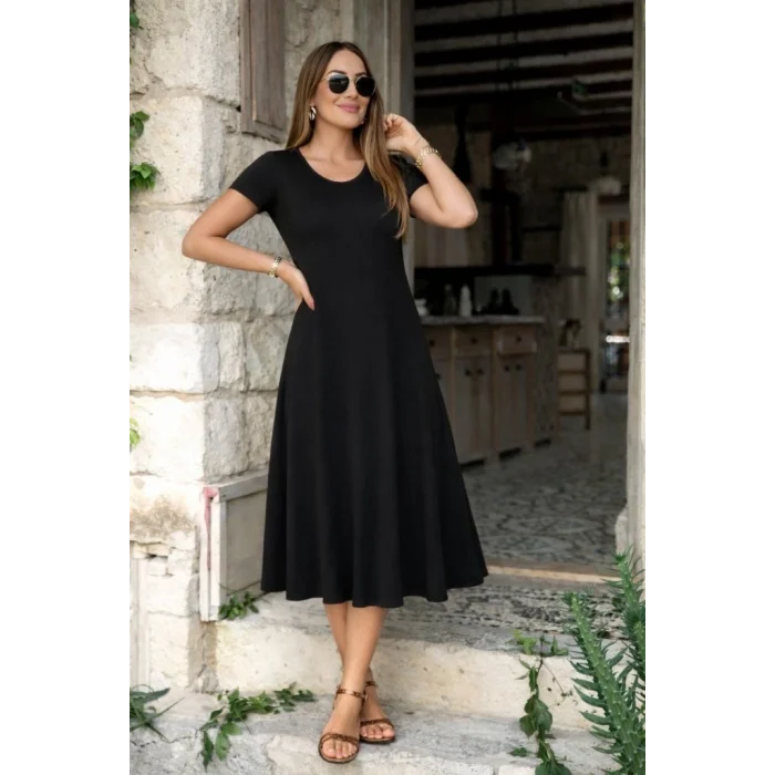 Kadın Kısa Kollu V Yakalı Yırtmaçlı Midi Viskon Elbise