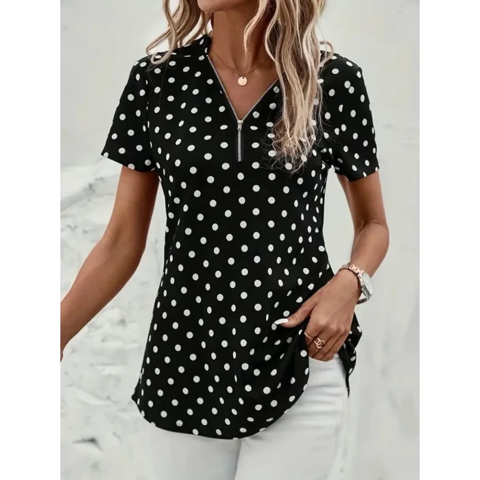 Kadın Kısa Kollu Yakadan Fermuarlı Puantiyeli Uzun Dokuma Viskon Bluz