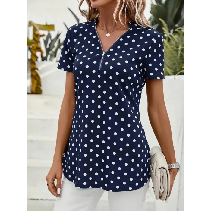 Kadın Kısa Kollu Yakadan Fermuarlı Puantiyeli Uzun Dokuma Viskon Bluz