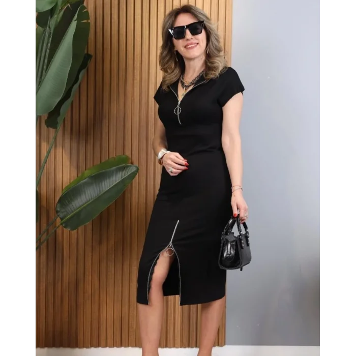 Kadın Kısa Kollu Yakadan Ve Eteği Fermuarlı Viskon Iki Iplik Midi Elbise