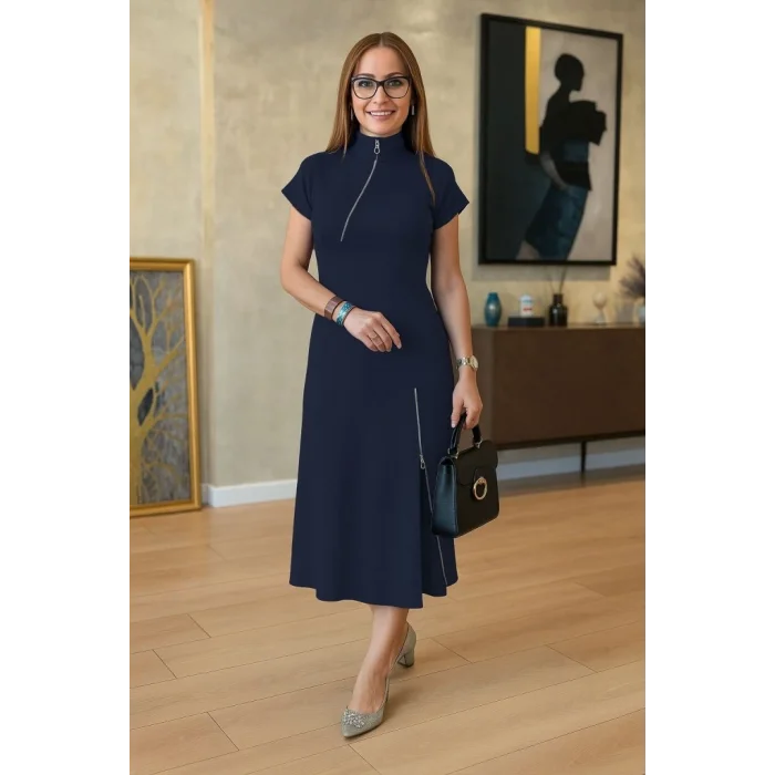 Kadın Kısa Kollu Yakadan Ve Etekten Fermuarlı Midi Viskon Iki Iplik Elbise