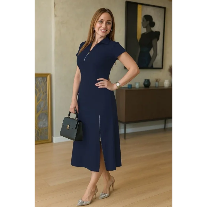 Kadın Kısa Kollu Yakadan Ve Etekten Fermuarlı Midi Viskon Iki Iplik Elbise