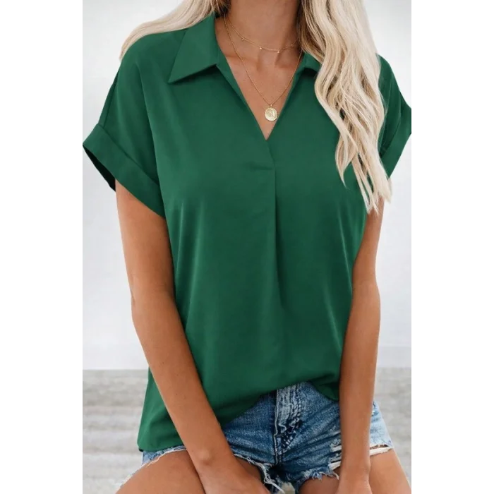 Kadın Kısa Kollu Yakalı Dokuma Viskon Bluz