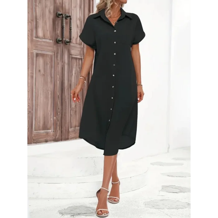 Kadın Kısa Kollu Yakalı Düğme Detay Midi Dokuma Elbise