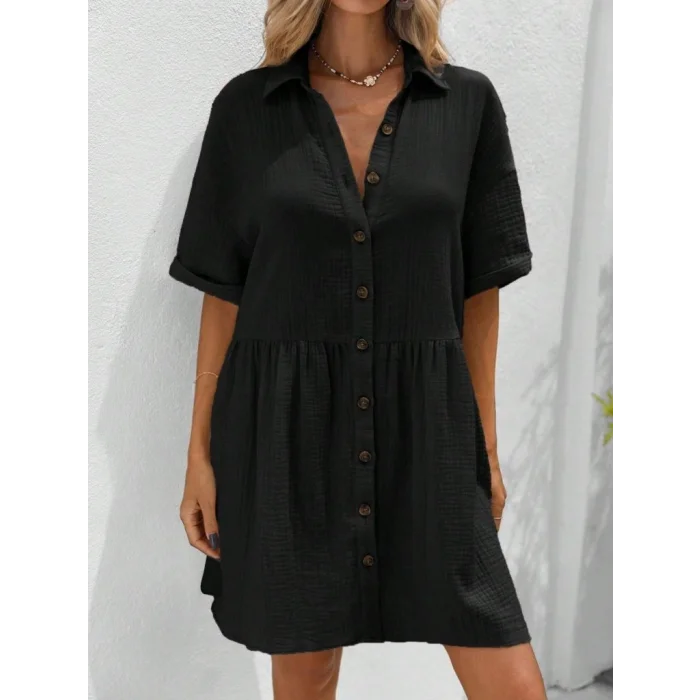 Kadın Kısa Kollu Yakalı önden Düğmeli Kısa Bürümcük Elbise