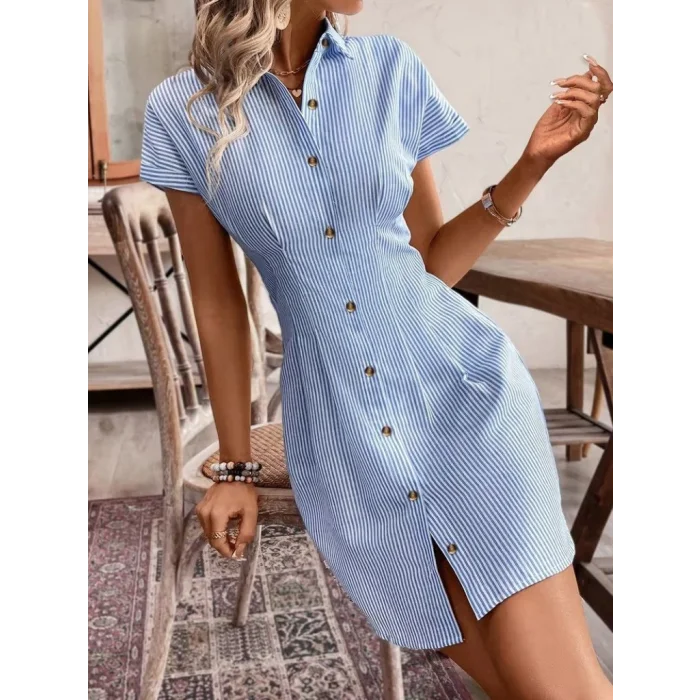 Kadın Kısa Kollu Yakalı önden Düğmeli Kısa Trikoton Elbise
