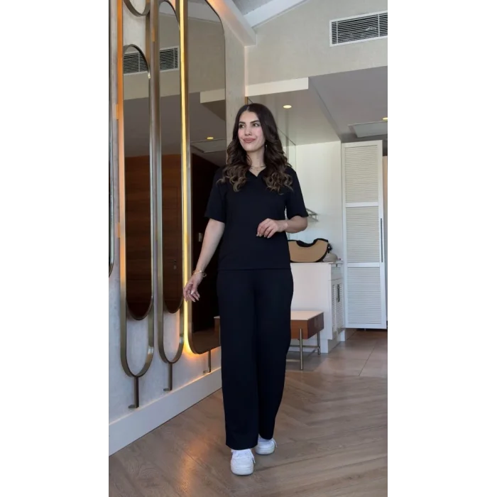 Kadın Kısa Kollu Yakalı Viskon Iki Iplik Bluz Ve Pantolon Ikili Takım