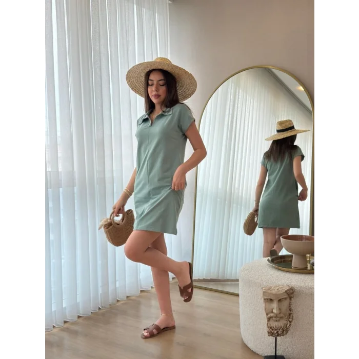 Kadın Kısa Kollu Yakalı Viskon Iki Iplik Elbise