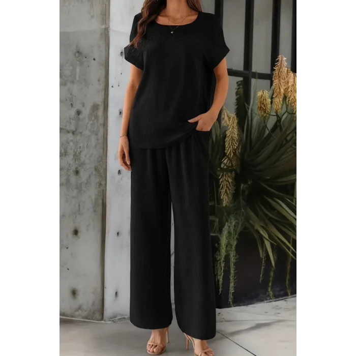 Kadın Kısa Kollu Yakası Açık Aerobin Bluz Ve Pantolon Ikili Takım